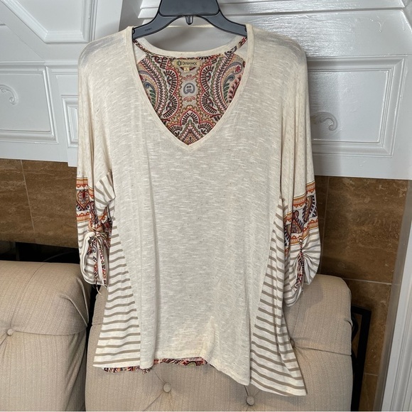 AL: Democracy Colorful Paisley Linen Blend Tunic Sz Large Tan Orange Red Stripes - Picture 1 of 8